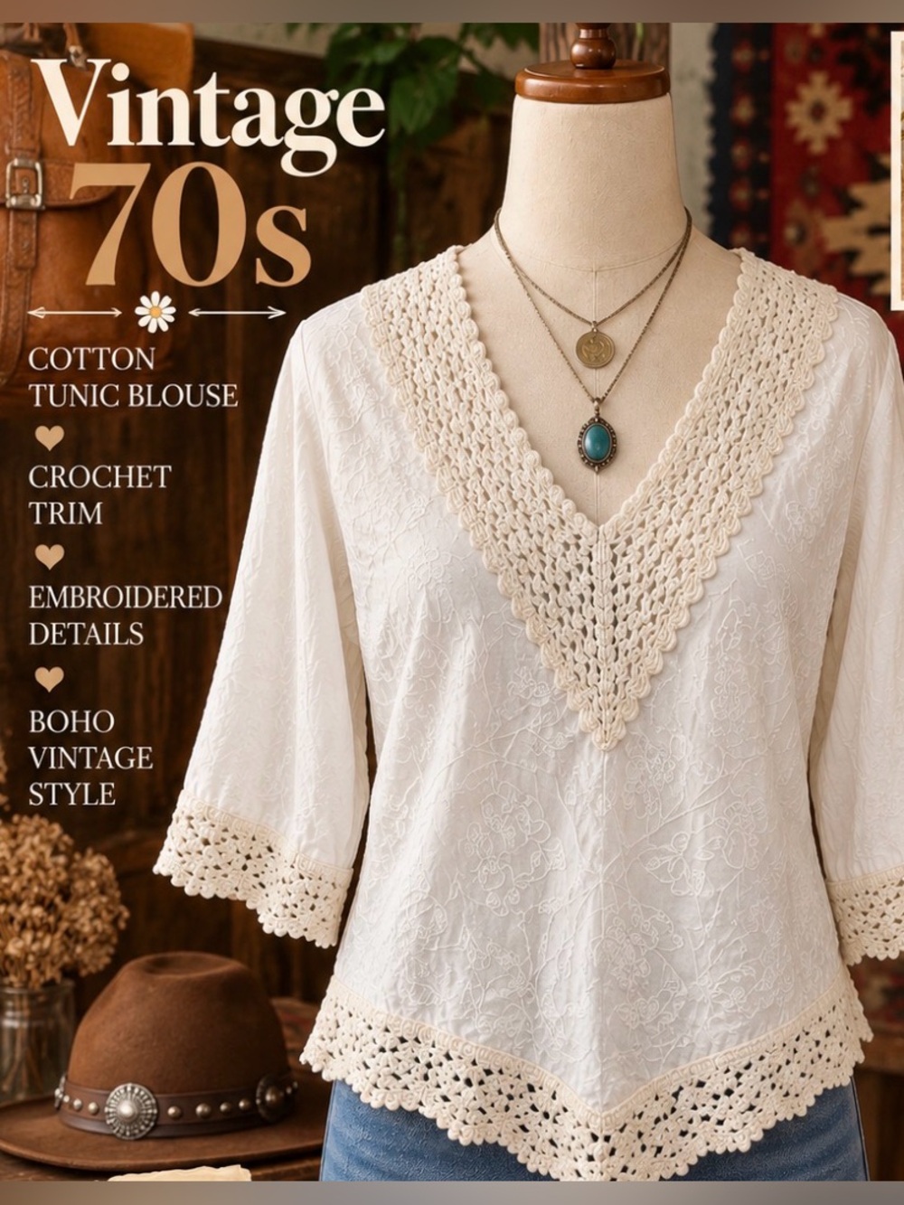 Vintage 70s Cream-crochet Trim White V-Neck Embroidered Tunic